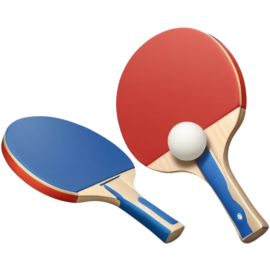 Two table tennis paddles crossed over a ping pong ball, placed on a smooth, reflective table. The background suggests a clean, minimalist playing surface, capturing the precision and fast-paced nature of the sport. emoji