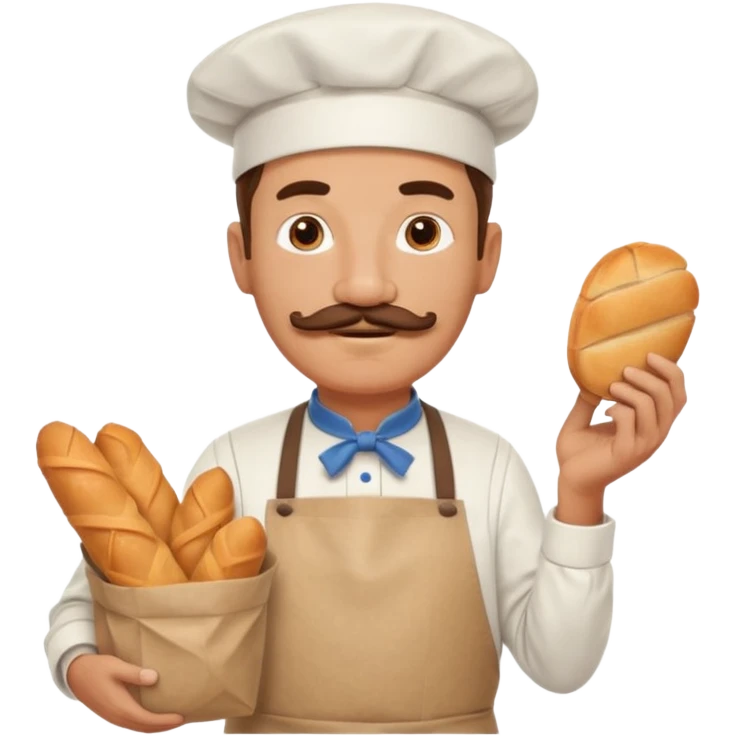 Middle aged male pastry chef - with a mustache, apron, white hat, holding a bag of bread emoji