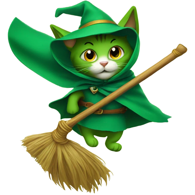 Green Cat on a broomstick with a cape  emoji