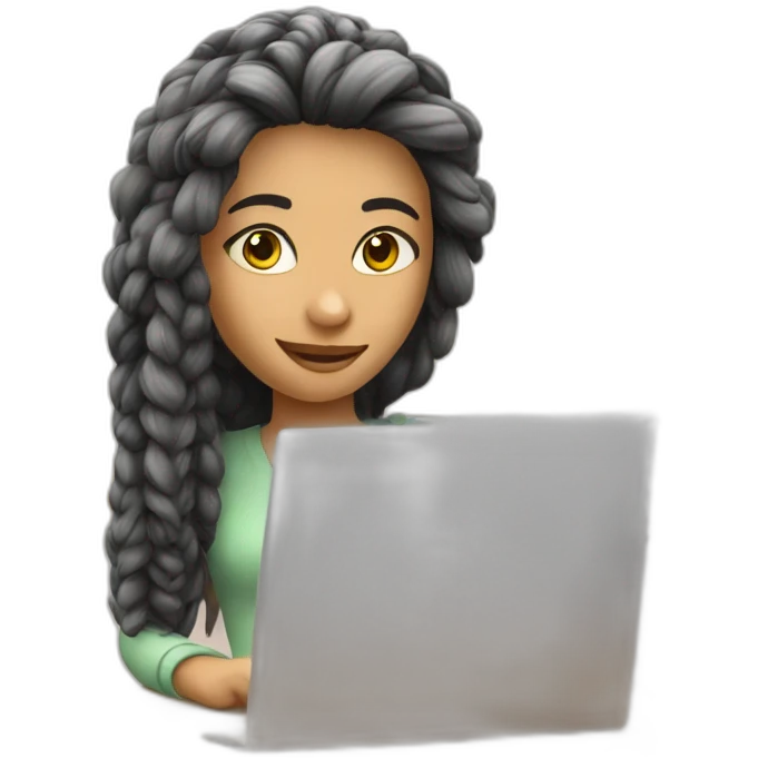 Girl with girl hair, 3d style, coding in a computer, in a confortable room emoji