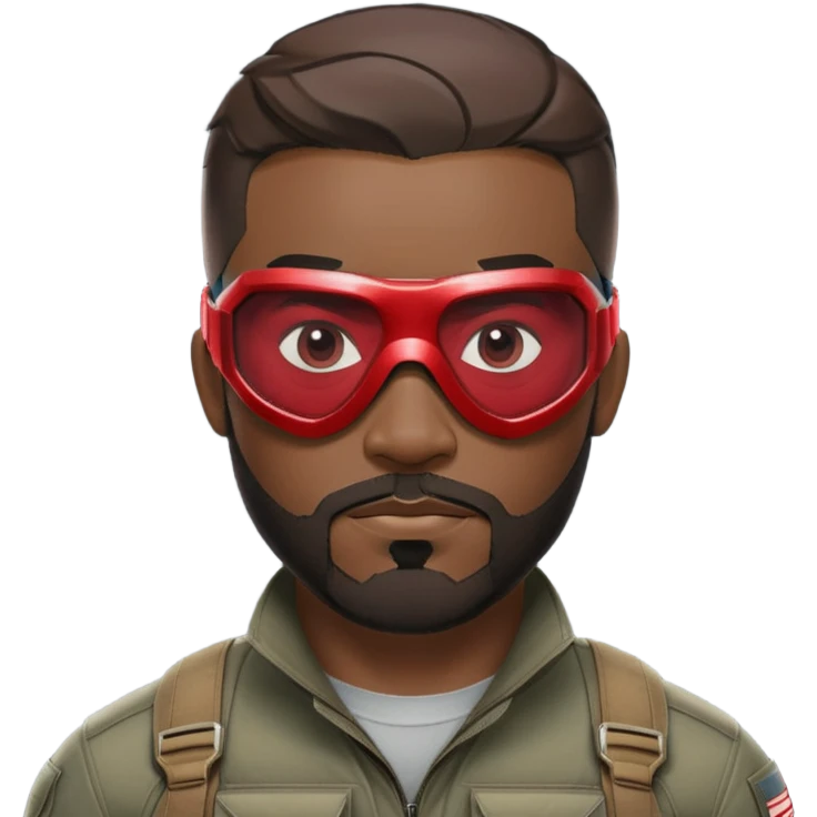 sam wilson with a very short hair close to the scalp and  a well-groomed beard that connects to his mustache,  wear sleek, red-tinted tactical goggles fit snugly from captain america: civil war emoji