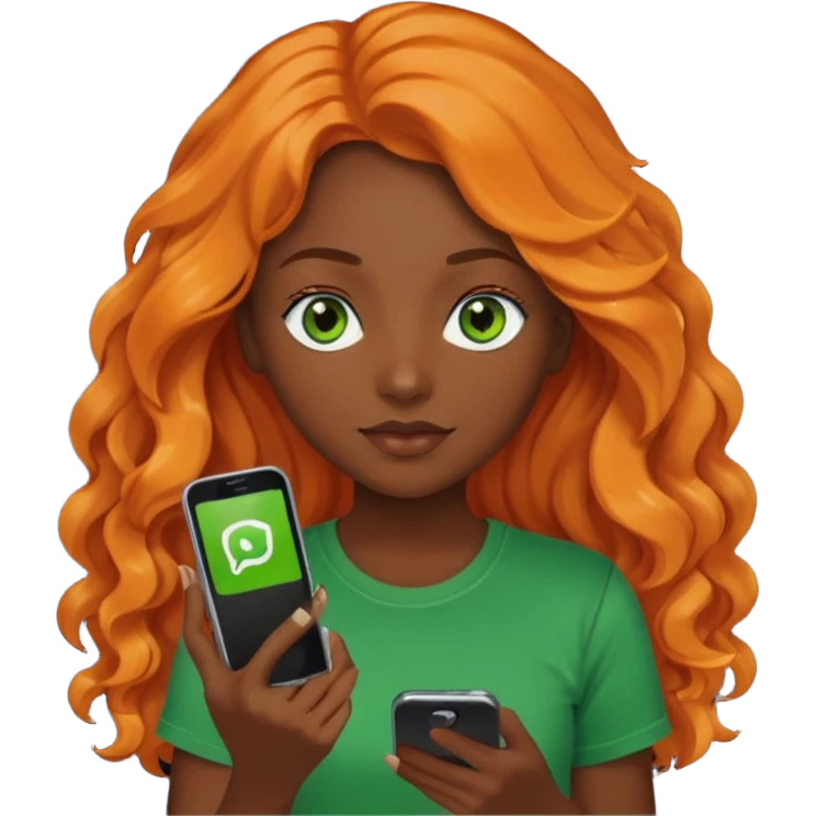 Girl with dark long orange wavy hair, green eyes, and black t-shirt and phone with app on hand emoji