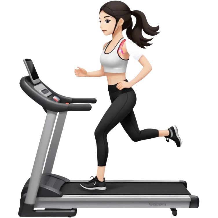 Девушка белокожая на беговой дорожке, с длинными темными волосами, в одежде для йоги - черные лосины, белый короткий топ на тонких лямках, с черными ресницами emoji