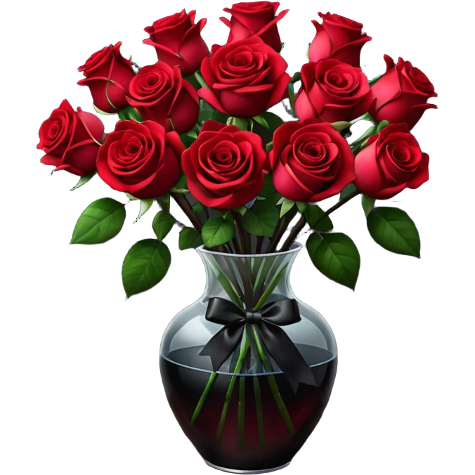Hyperrealism, still life, black to red colorshifting bouquet of lush roses, black satin ribbon, translucent vase with water, on dark wooden table,  emoji