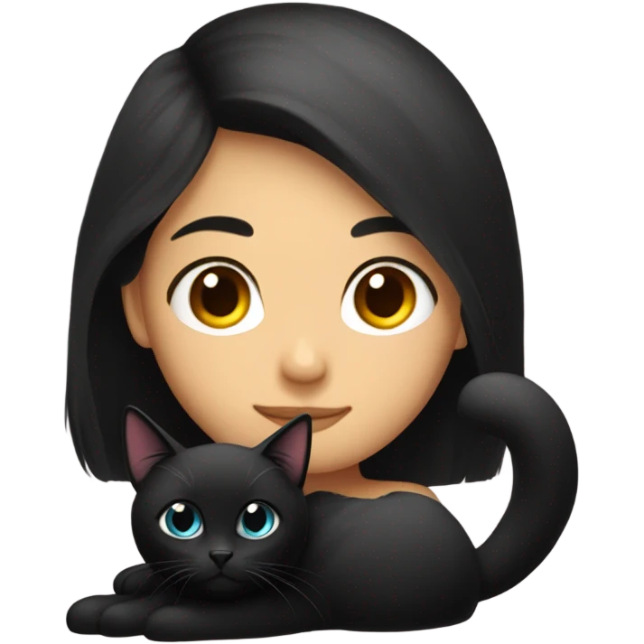 A girl with long dark hair and a black fluffy cat is lying on her right shoulder emoji