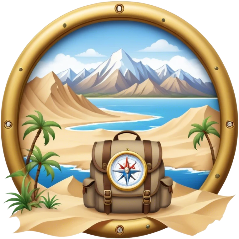 Icon for Expeditions: a compass, a map, a backpack and a rugged expedition jeep, set against a backdrop of snowy mountains, sand dunes and tropical islands. The icon should capture the spirit of adventure and exploration in diverse landscapes. Transparent background. emoji