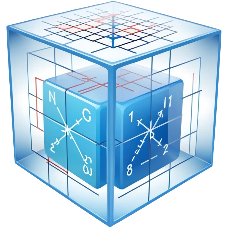 An icon featuring a transparent cube with geometric sections and mathematical calculations, symbolizing the study of mathematics. The design includes algebraic formulas, graphs, and mathematical symbols, representing advanced mathematical concepts and problem-solving. Transparent background emoji