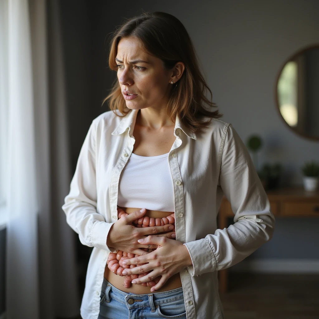 realistic image of a woman with symptoms of intestinal dysbiosis, hand on abdomen, worried expression, anatomical details, domestic environment, natural light emoji