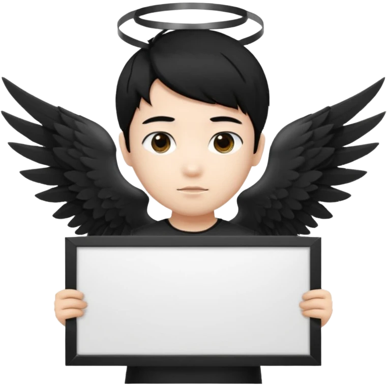 Asian Boy Angel with black hair black halo and black wings holding a large blank sign emoji