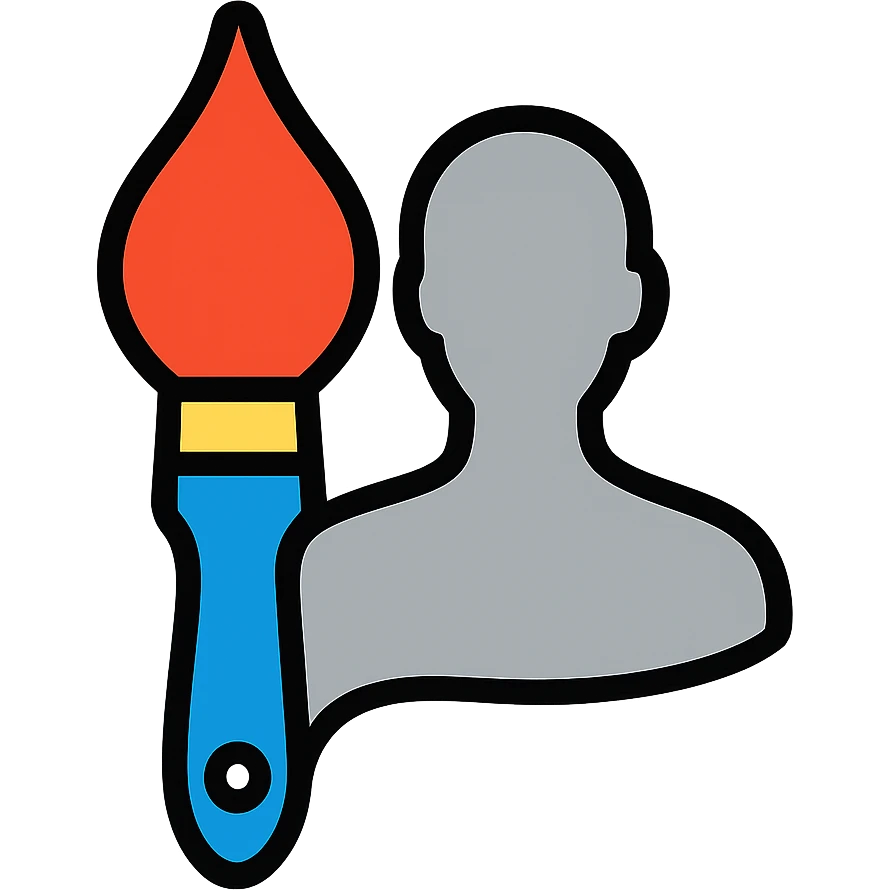 A paintbrush transforming into a metallic human figure silhouette, artistic identity symbol emoji