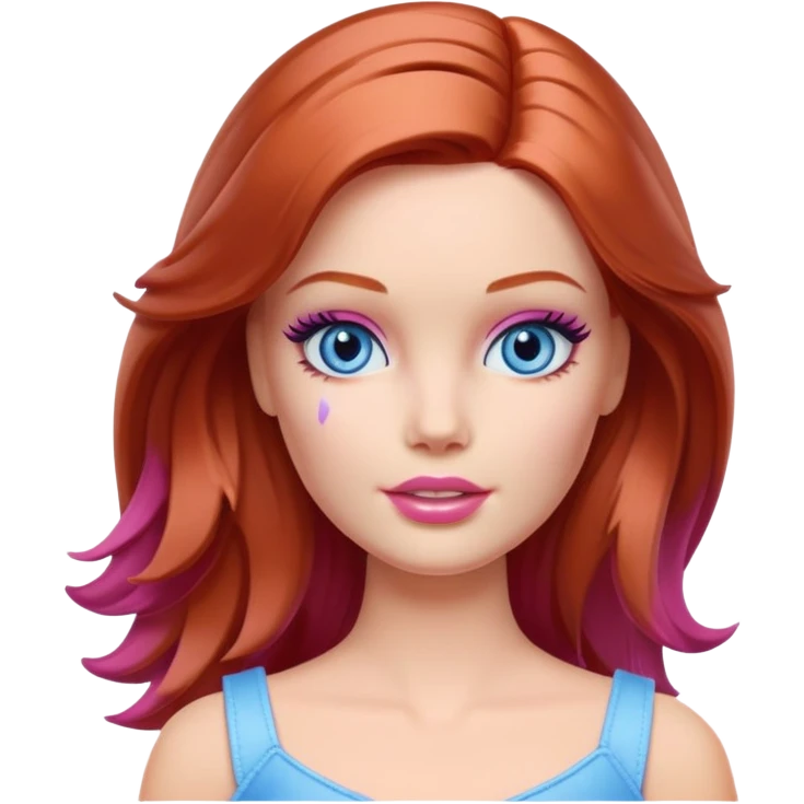 Barbie girl Chestnut-red Shoulder-length hair and blue eyes is In pale purple smears by hand cosmetic cream on her face emoji