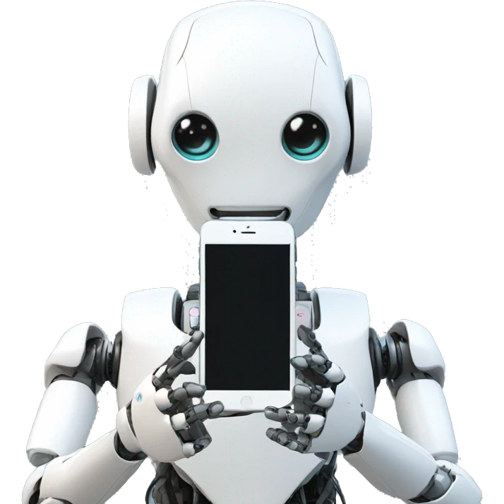 a humanoid robot looking at his iphone emoji