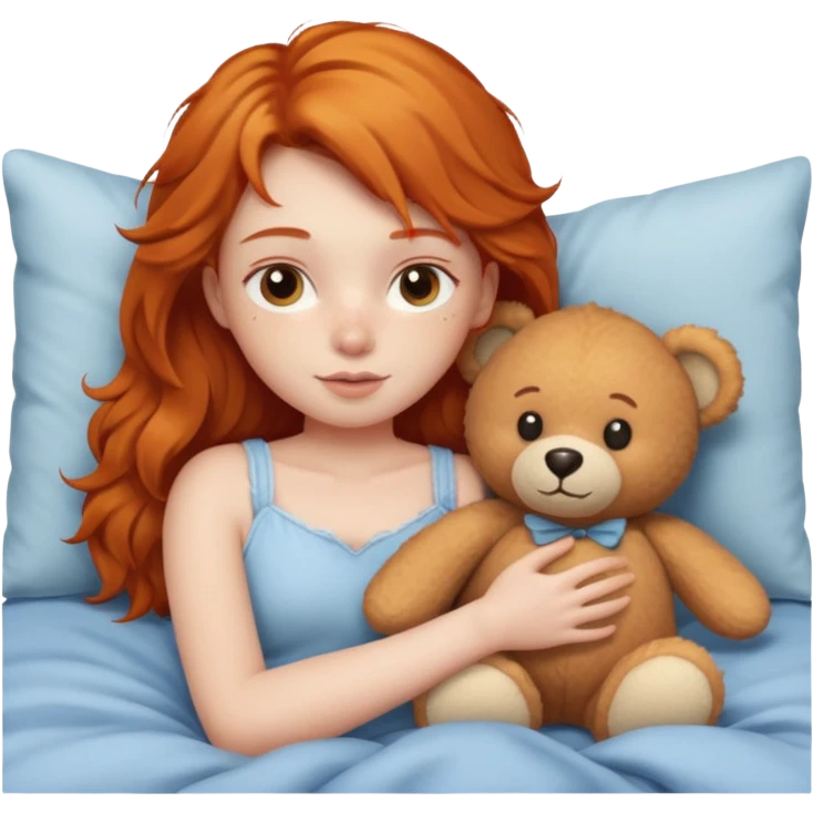 ginger girl cuddle in bed with teddy emoji
