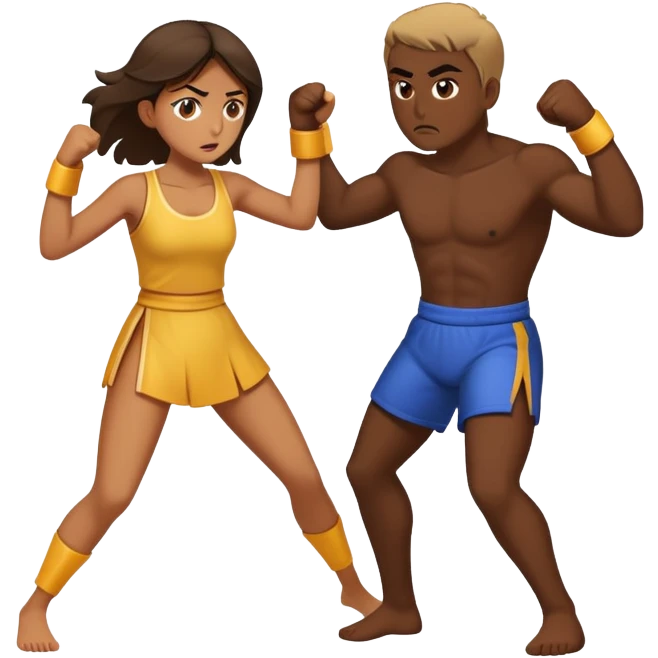 Tan girl fighting a dark guy, full body, girl winning  emoji