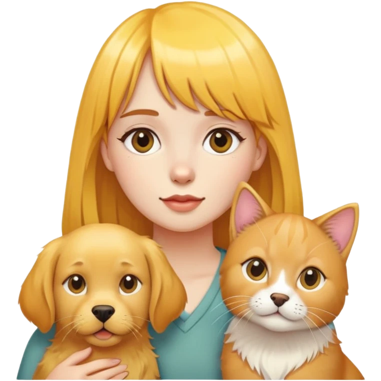 Girl with yellow bangs surrounded by golden retriever and three cats emoji