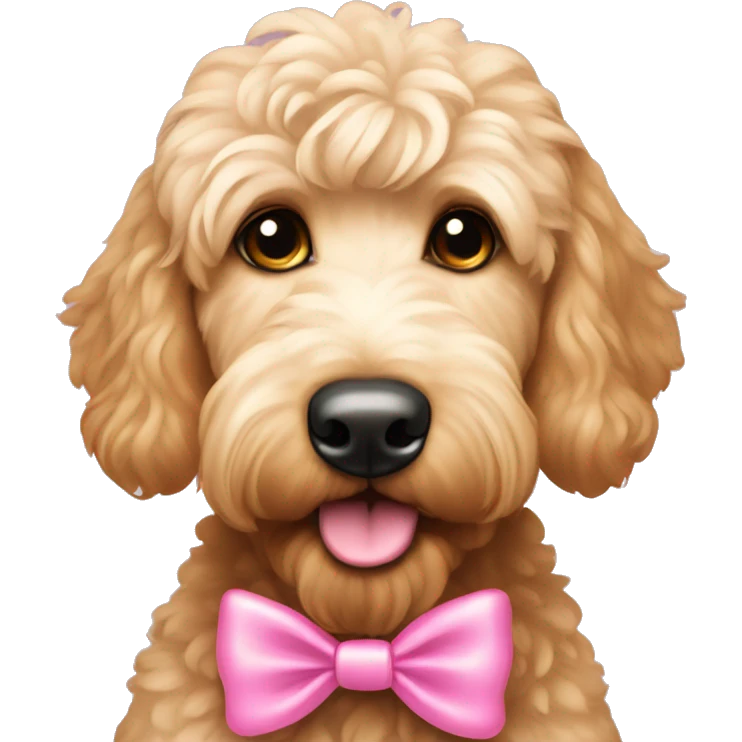 Goldendoodle with pink bow by its ear emoji