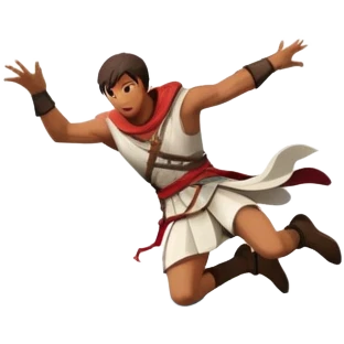 An icon featuring a hero performing a leap of faith from a tower in Florence, inspired by adventure games like Assassin's Creed. The design captures the dramatic moment mid-air, with detailed architecture and a bustling city below. Transparent background emoji