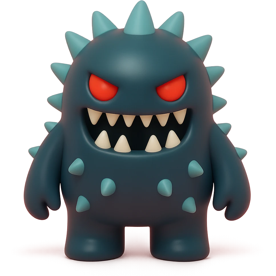 scary monster with sharp teeth, glowing red eyes, spiky body, dark color palette, toy-like vinyl figure style emoji