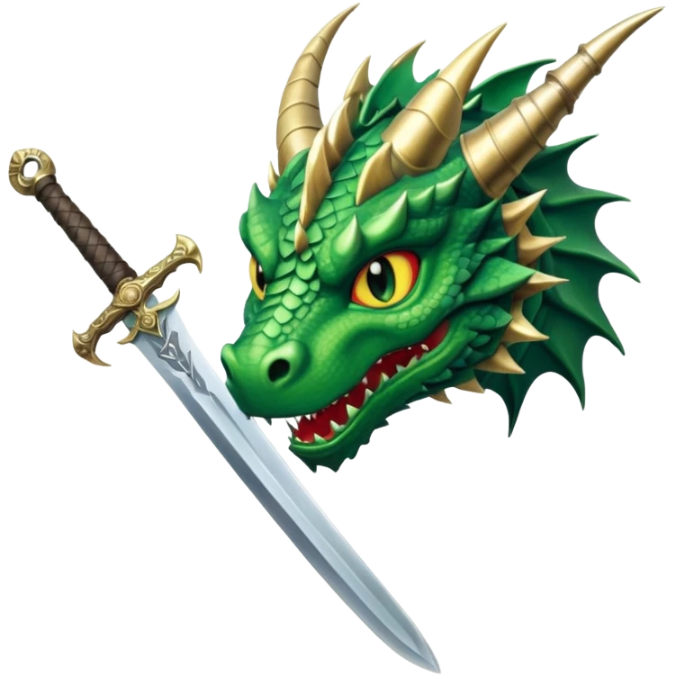 fierce green dragon head confronting wide-bladed medieval sword, classic hilt, robust antique look, clear simple features emoji