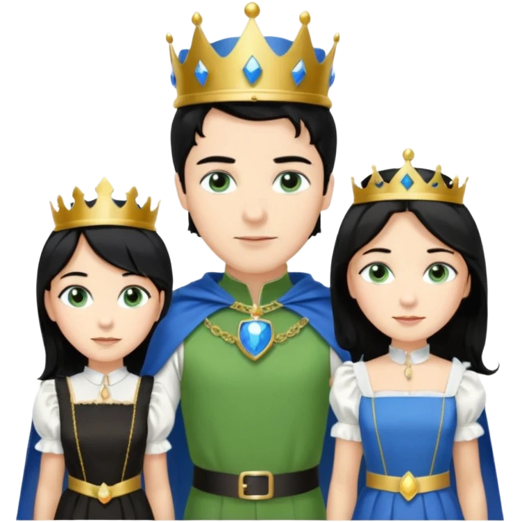 Prince with crown, blue cape and trousers, body and legs, black hair, blue eyes and maid, blonde hair, green eyes, sexy white short sleveless dress,  emoji