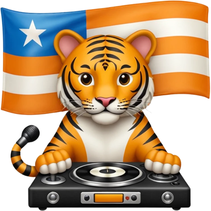 Quiero un tigre mezclado con la bandera cubana. Porque no apodan el tiger y soy de cuba. 
Quiero un tigre asi cubano pero con unos audífonos de dj, además un tigre fuerte y con cara de tigre agresivo bueno eso no. Mejor un tigre feroz con una audífonos de dj o una mesa de dj emoji