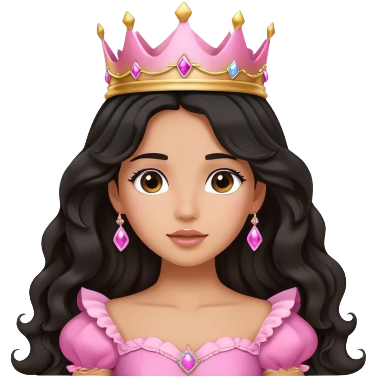 Very very tanned princess, with long black wavy hair and crown and an pink princess outfit with a cute pose switch hand on her face emoji