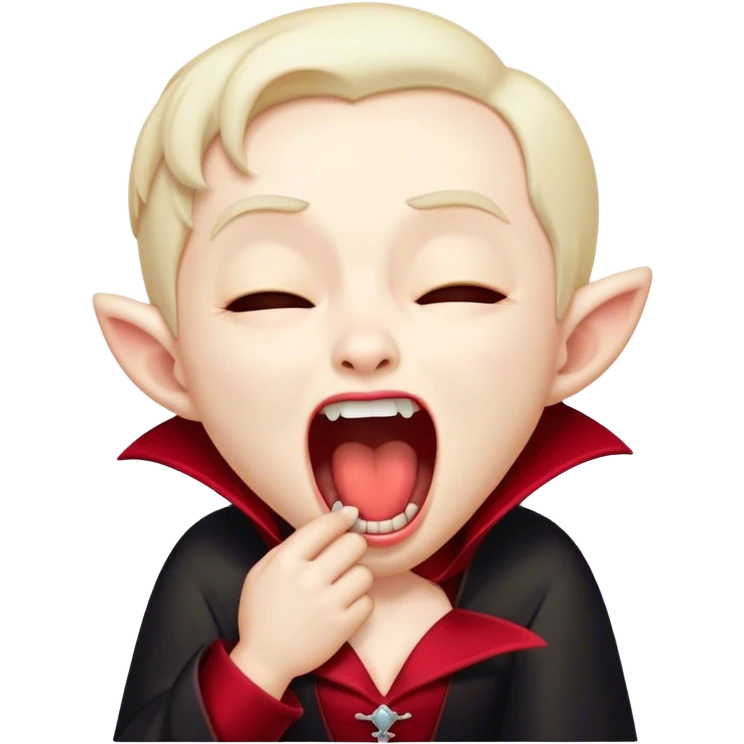 Cinematic Cute Yawning Vampire Portrait Emoji, with a small, rounded, charming pale face accented with tiny playful fangs and droopy, half-closed eyes, head tilted in an adorable wide yawn, dressed in miniature elegant dark attire with a hint of crimson, simplified yet irresistibly endearing, highly detailed with a soft, mysterious glow and gentle outline that captures the cute, drowsy side of an immortal! emoji