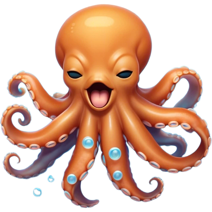 Cinematic Cute Yawning Octopus Portrait Emoji, Head tilted slightly with a dramatic, wide-open yawn, showcasing a plump, light orange body decorated with delicate blue rings and loosely draped arms with sleepy, half-closed eyes, Simplified yet irresistibly adorable features, highly detailed, glowing with a soft, cozy underwater glow, high shine, relaxed yet expressive, stylized with a hint of whimsical aquatic charm, soft glowing outline, capturing the essence of a drowsy yet affectionate octopus that appears ready to stretch and yawn its way out of the screen! emoji