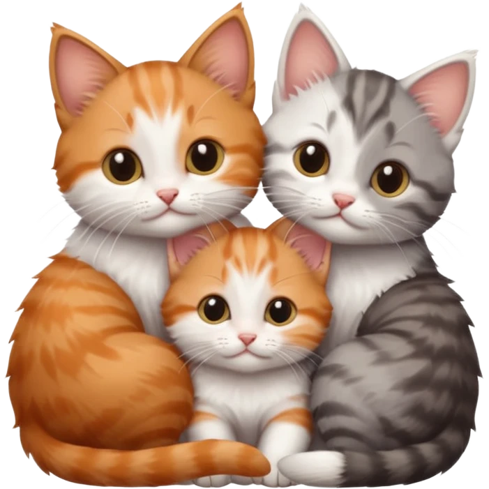 3 very small kittens cuddling together all different colours, the first one is grey and white, the second is ginger and white and the third is brown tabby and white emoji
