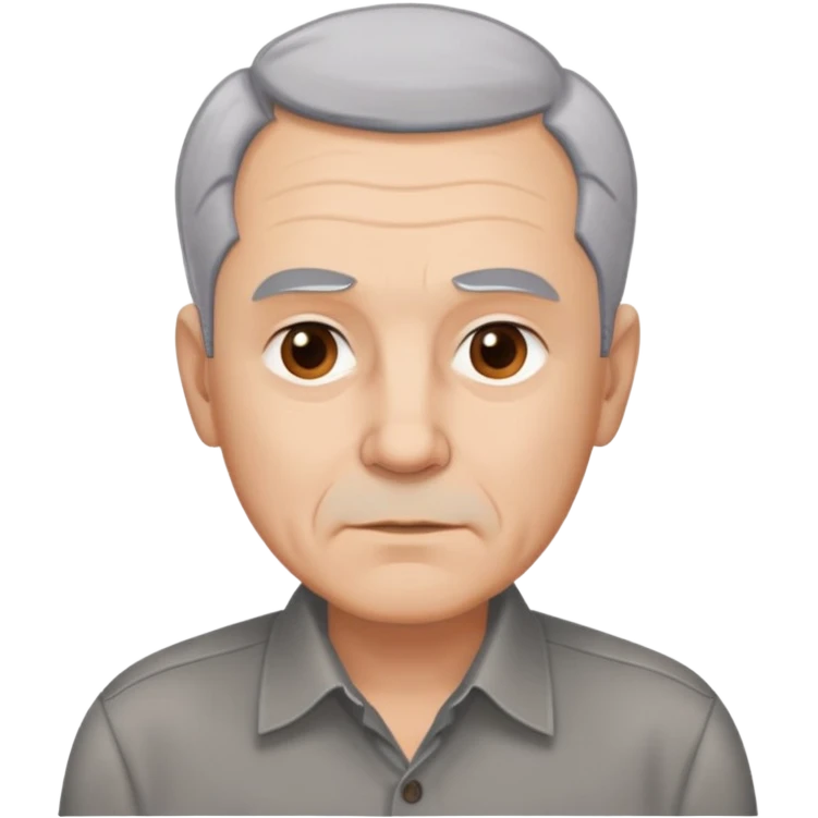 Close-up portrait of René Monclova. Light-skinned older man with round face and broad jaw. Short silver-gray hair with visible receding hairline. Warm brown eyes, thick eyebrows. Neutral expression. Wearing a dark button-up shirt. emoji