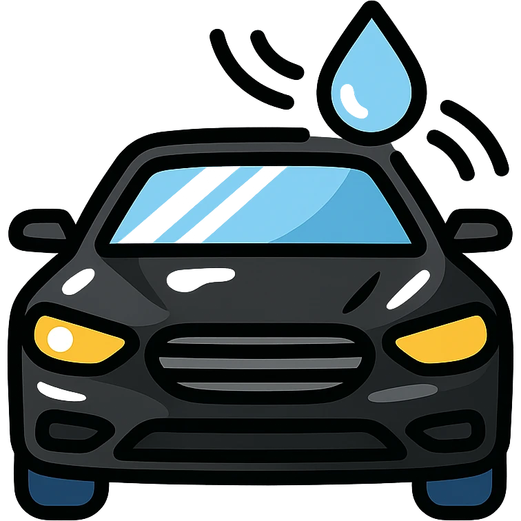 full high-end vehicle icon with glossy black mirror-like paint, strong mirror-like reflections and shine on the surface, water droplet sliding on the hood or roof, subtle repellent effect with water lines moving away, modern and clean style emoji