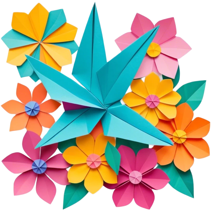 Paper crafting icon, various paper crafts like origami, paper flowers, and scrapbooking materials, visible tools, colorful paper patterns, minimalistic style, clean lines, transparent background. emoji