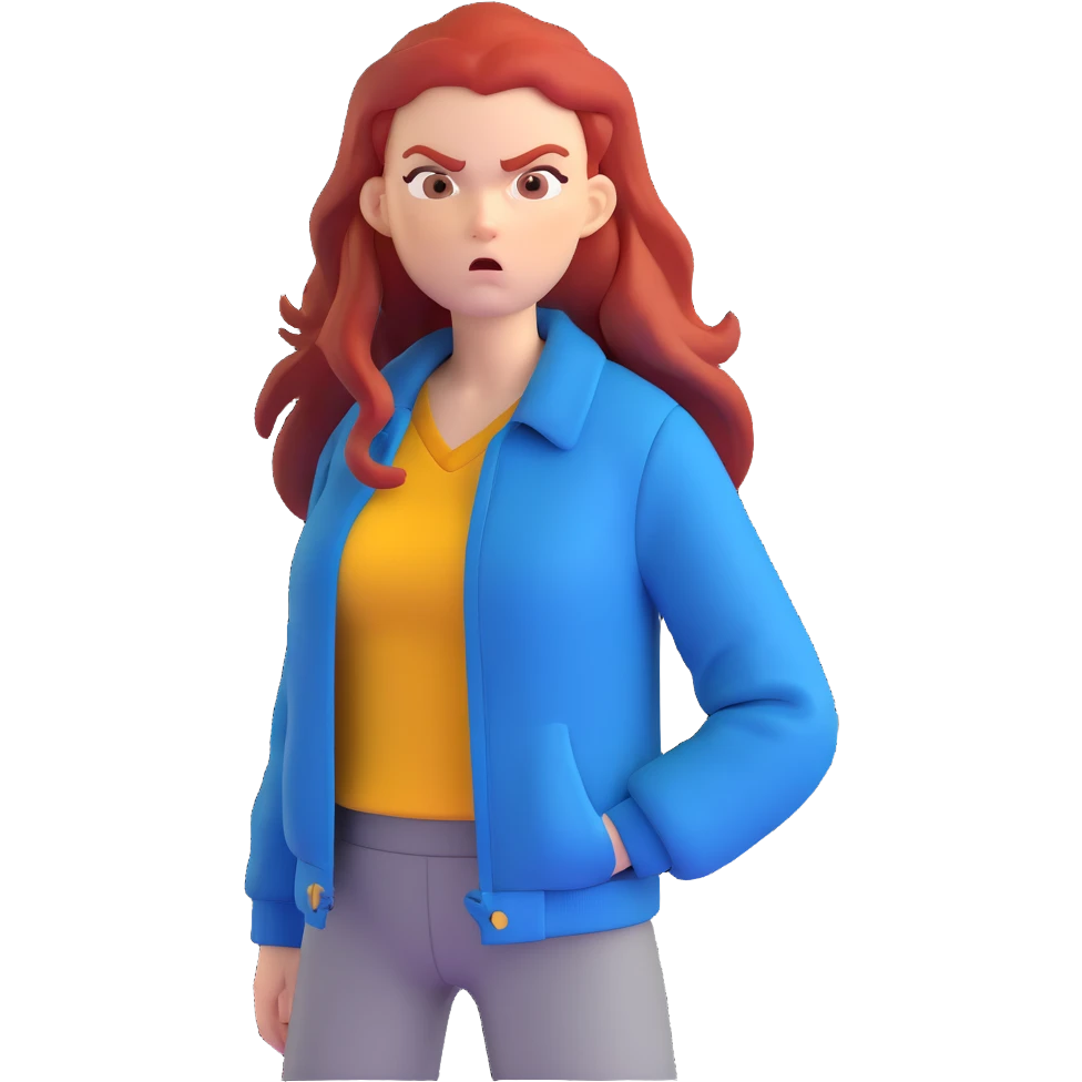 Redhead girl with long hair in blue jacket looking angry emoji