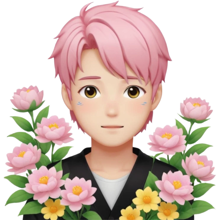 Gorgeous pastel anime style shojo guy with blushing face and flowers aesthetic trending style outside emoji