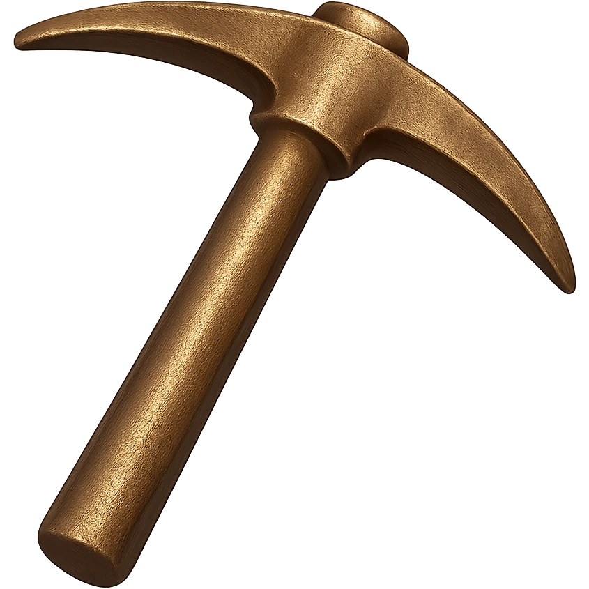 Change the texture of the pickaxe to look more like real bronze metal, not diamond. Keep the pickaxe's shape, but make it metallic, shiny, and worn in emoji style. Transparent background. emoji