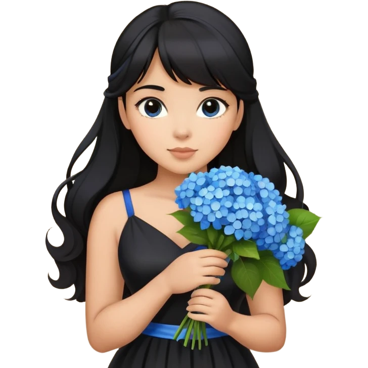 Latina girl with bangs black long hair in pony tail plus size black dress holding a blue bouquet of hydrangeas emoji