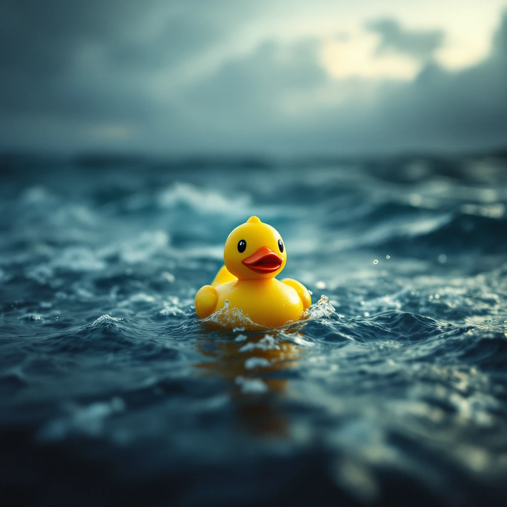 Cinematic still, Extreme Closeup shot of Yellow duck toy on ocean during cloudy day, stormy sea, Camera from top, inspired by interstellar emoji