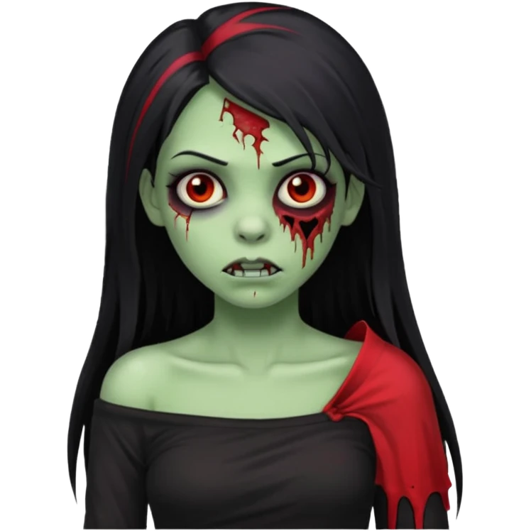 Garota zumbi com cabelo todo preto liso longo e mechas vermelhas na lateral da cabeça dos dois lados, usando uma blusa com um lado da manga caida preta  emoji