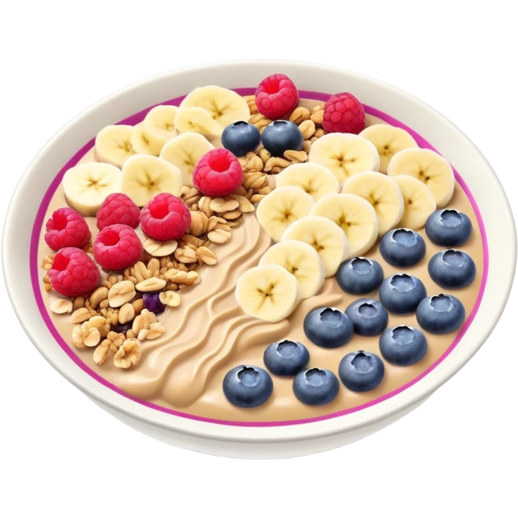 smoothie bowl with bananas, raspberries, blueberries, granola and peanut butter emoji