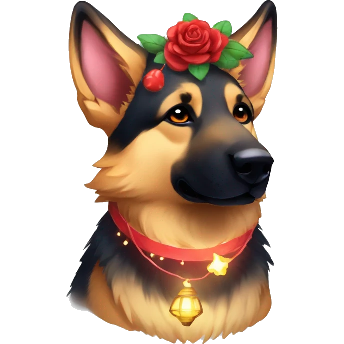Midnight starry Brindled German shepherd fox carrying glowing red lantern, fairy lights, rose flower crown emoji