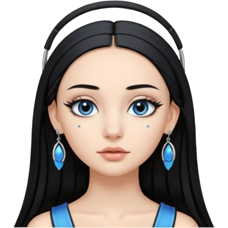 Girl with Black long straight hair with headband black one that puts hair pushed back winged eyeliner both upoer and lower line blue eyeshadow silver hoops  emoji