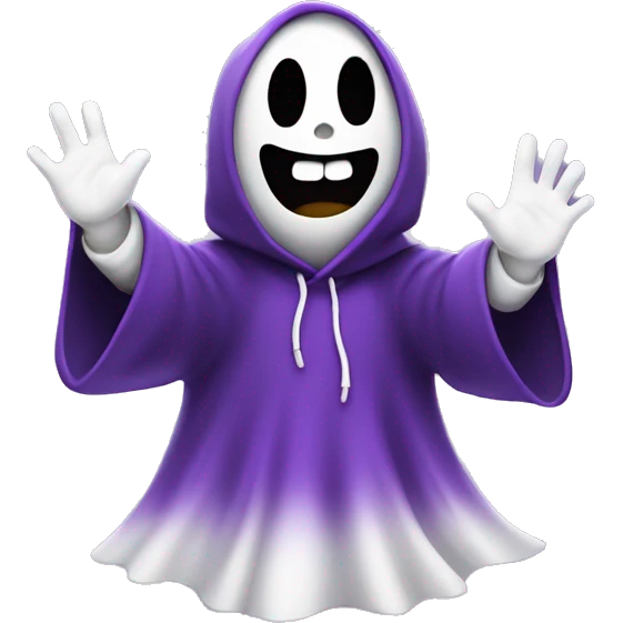 cute ghost with a black and purple hoodie on. waving hands in air emoji