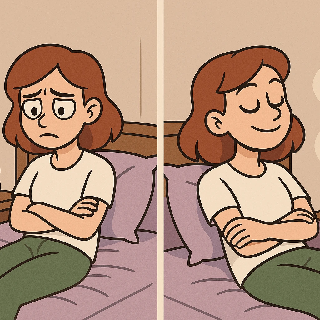 a girl in a bedroom, looking sad, then smelling a scent like from a candle or diffuser, her mood changing to relaxed, cartoon style emoji
