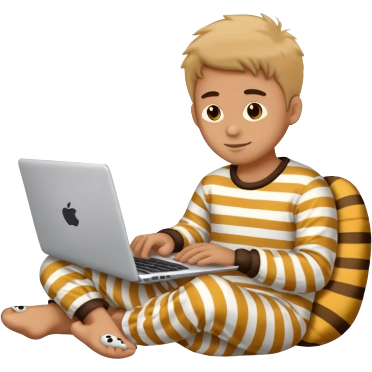 man in striped pajamas and fuzzy slippers typing on a laptop, emoji style emoji