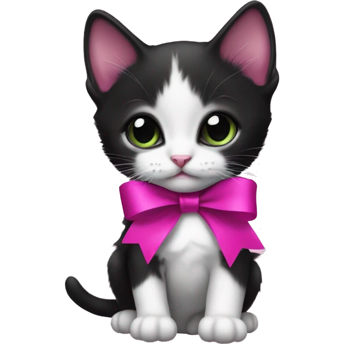 Baby Tuxedo kitten with a magenta ribbon  emoji