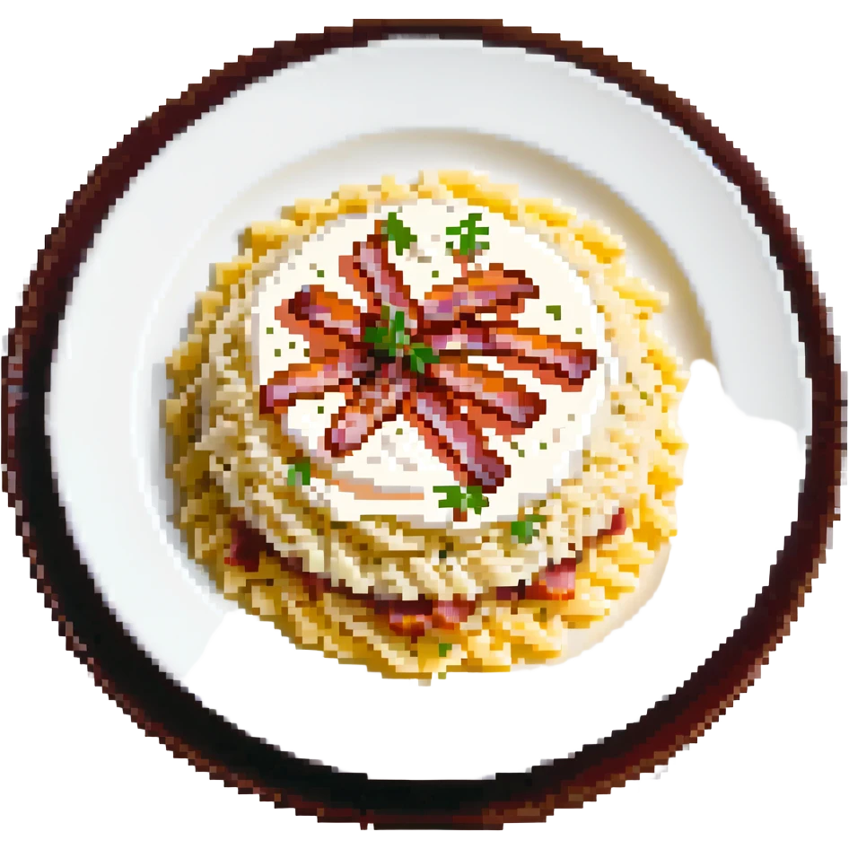 A plate of risoni, topped with small pieces of bacon with cream emoji