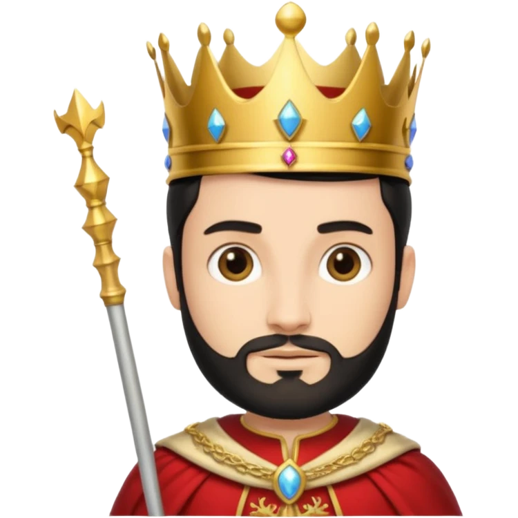 Bearded King, young king with short black beard, royal staff in hand, wearing crown
 emoji
