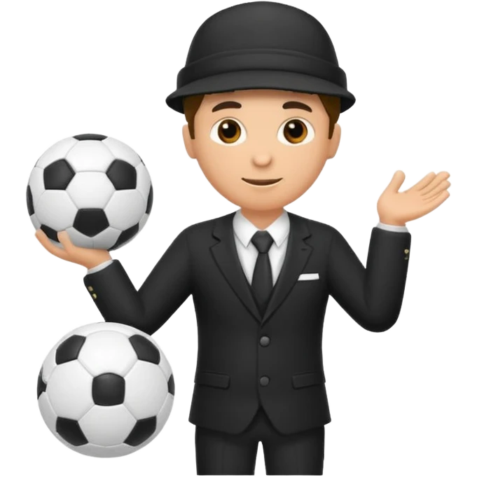 Director tecnico de futbol, con un traje negro, gorra y un balon de futbol bajo el brazo emoji