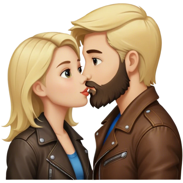 A blonde girl with kissing a brunette boy with a beard and leather jacket  emoji