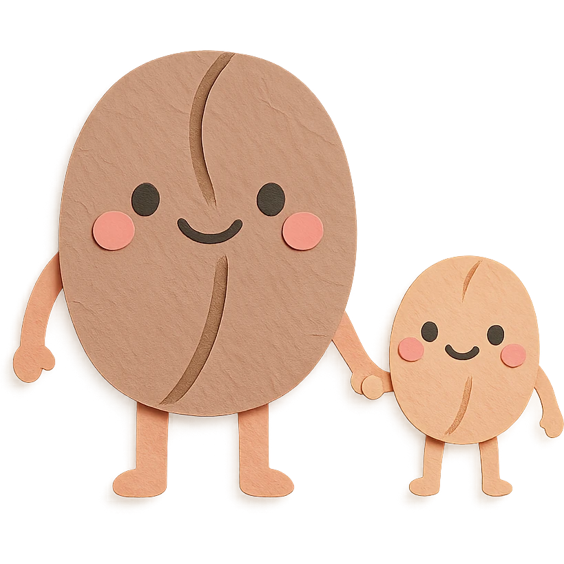 kawaii coffee bean character family, big bean and small bean holding hands, soft pastel colors, full body emoji